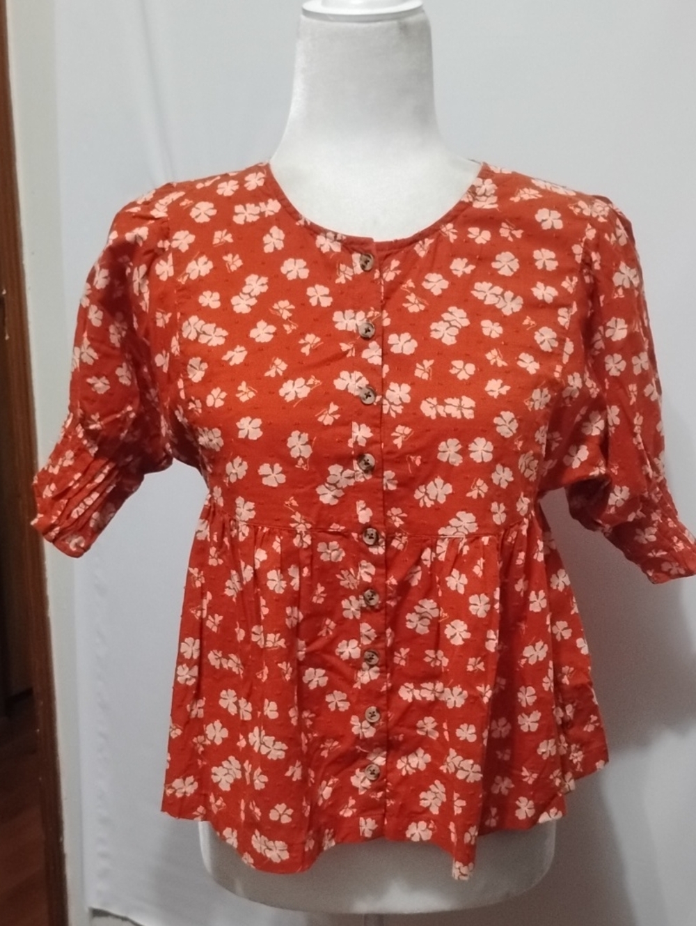 Madewell Rust Orange Floral Baby Doll Button-Front Peplum Blouse